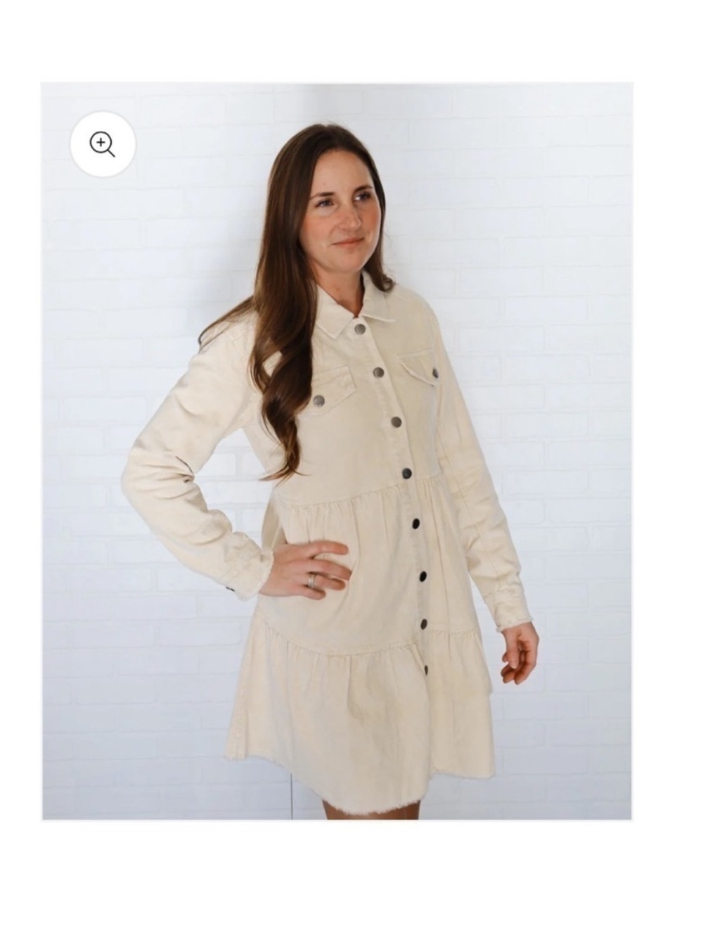 Mystree Cream Corduroy Tiered Long Sleeve Dress